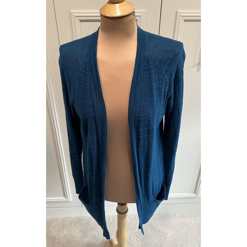 Lou & Grey Blue Longline Cardigan Size XS Linen Cotton Blend Pockets Lightweight